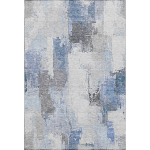 5' X 8' Denim Blue Gray And Ivory Abstract Washable Area Rug With UV Protection