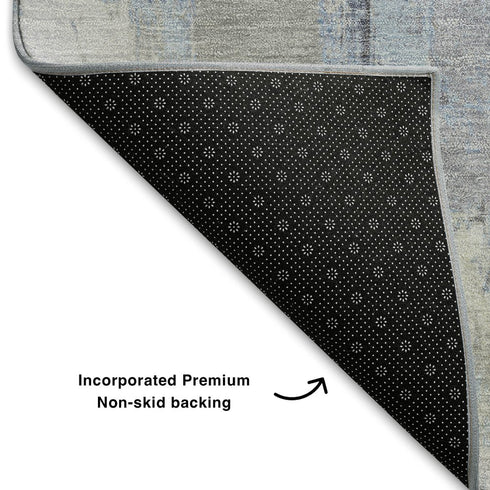 5' X 8' Denim Blue Gray And Ivory Abstract Washable Area Rug With UV Protection