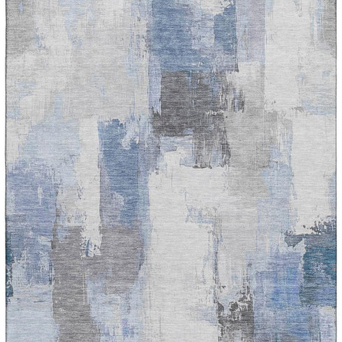 5' X 8' Denim Blue Gray And Ivory Abstract Washable Area Rug With UV Protection