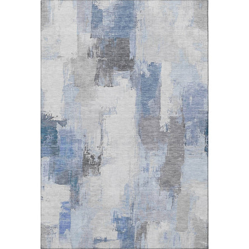 5' X 8' Denim Blue Gray And Ivory Abstract Washable Area Rug With UV Protection