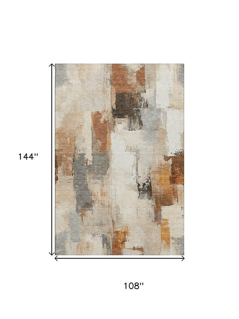 9' X 12' Ivory Rust And Beige Abstract Washable Area Rug With UV Protection