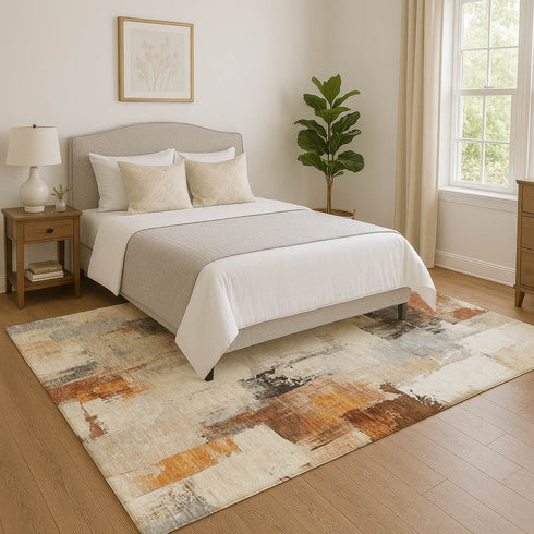 9' X 12' Ivory Rust And Beige Abstract Washable Area Rug With UV Protection