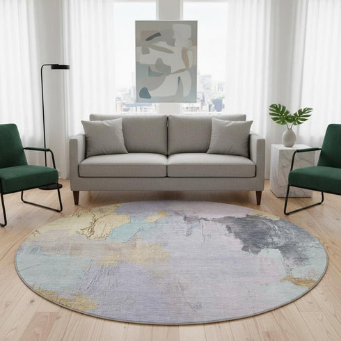 8' Lavender Gold And Charcoal Abstract Washable Round Rug With UV Protection