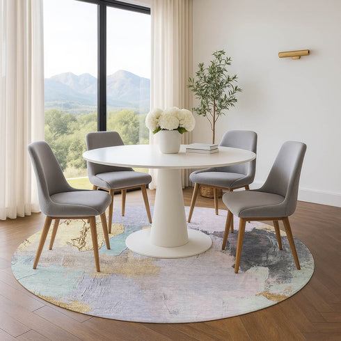 8' Lavender Gold And Charcoal Abstract Washable Round Rug With UV Protection