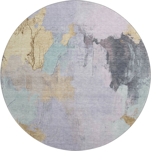 8' Lavender Gold And Charcoal Abstract Washable Round Rug With UV Protection
