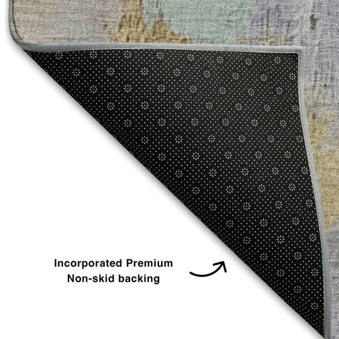 8' Lavender Gold And Charcoal Abstract Washable Round Rug With UV Protection
