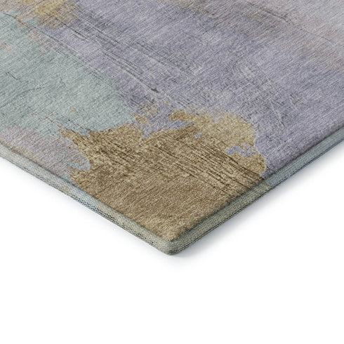 8' Lavender Gold And Charcoal Abstract Washable Round Rug With UV Protection
