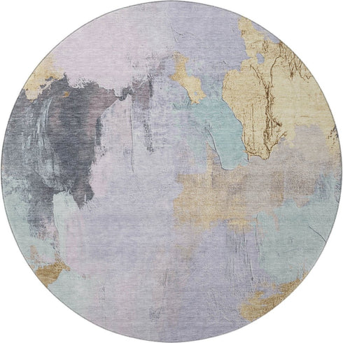 8' Lavender Gold And Charcoal Abstract Washable Round Rug With UV Protection