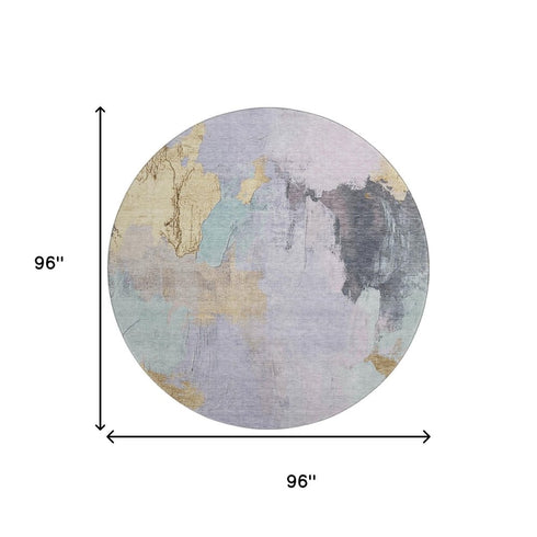 8' Lavender Gold And Charcoal Abstract Washable Round Rug With UV Protection