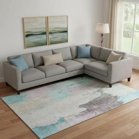 9' X 12' Teal Beige And Gray Abstract Washable Area Rug With UV Protection