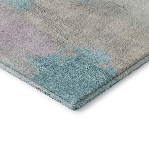 9' X 12' Teal Beige And Gray Abstract Washable Area Rug With UV Protection