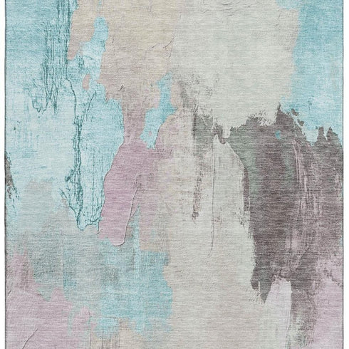 9' X 12' Teal Beige And Gray Abstract Washable Area Rug With UV Protection