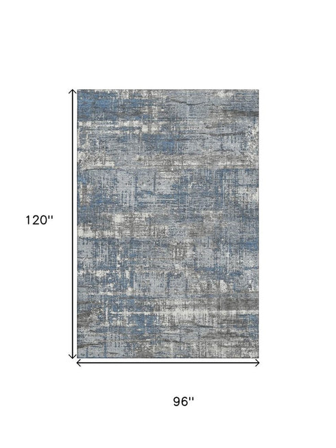 8' X 10' Denim Blue Gray And Ivory Geometric Washable Area Rug With UV Protection