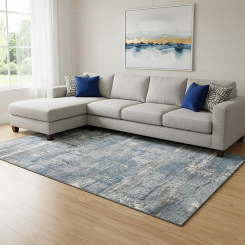 8' X 10' Denim Blue Gray And Ivory Geometric Washable Area Rug With UV Protection