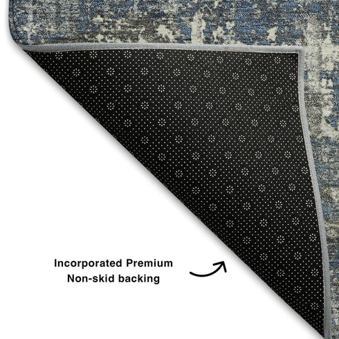 8' X 10' Denim Blue Gray And Ivory Geometric Washable Area Rug With UV Protection