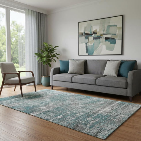 5' X 8' Teal Gray And Ivory Geometric Washable Area Rug With UV Protection