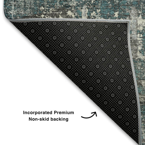 5' X 8' Teal Gray And Ivory Geometric Washable Area Rug With UV Protection