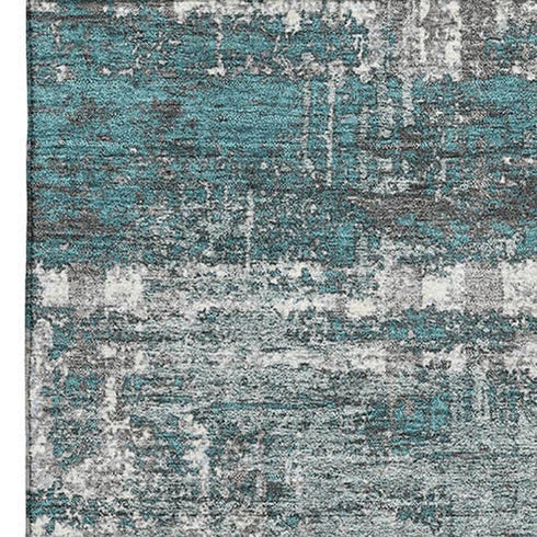 5' X 8' Teal Gray And Ivory Geometric Washable Area Rug With UV Protection