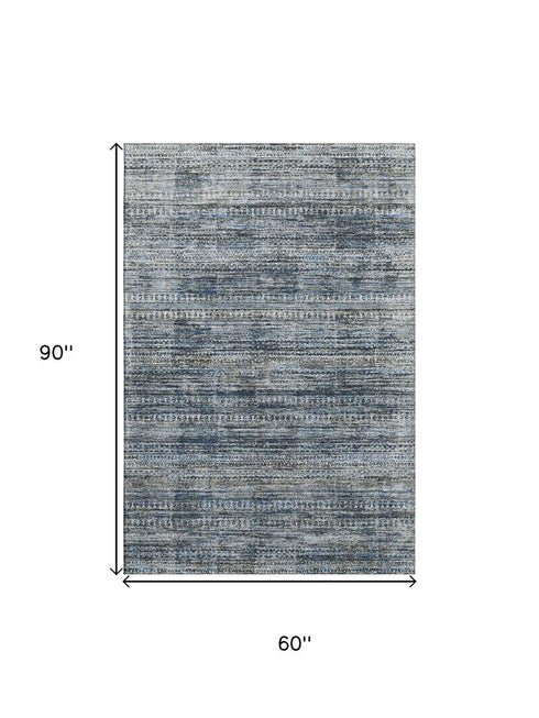 5' X 8' Denim Blue Ivory And Khaki Striped Washable Area Rug With UV Protection