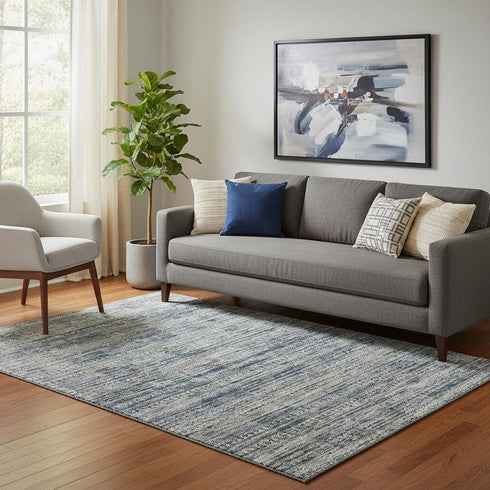 5' X 8' Denim Blue Ivory And Khaki Striped Washable Area Rug With UV Protection
