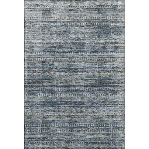 5' X 8' Denim Blue Ivory And Khaki Striped Washable Area Rug With UV Protection