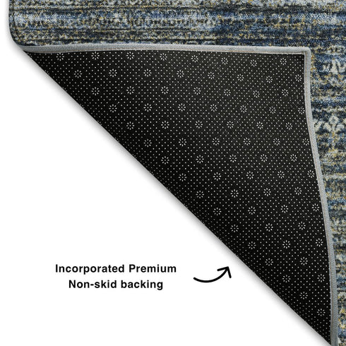 5' X 8' Denim Blue Ivory And Khaki Striped Washable Area Rug With UV Protection