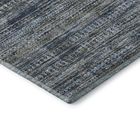 5' X 8' Denim Blue Ivory And Khaki Striped Washable Area Rug With UV Protection