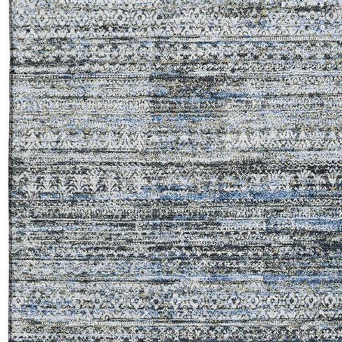 5' X 8' Denim Blue Ivory And Khaki Striped Washable Area Rug With UV Protection