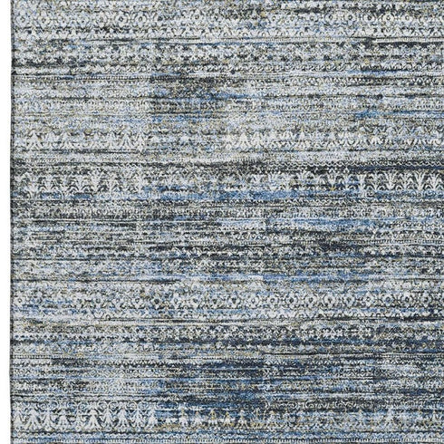 5' X 8' Denim Blue Ivory And Khaki Striped Washable Area Rug With UV Protection
