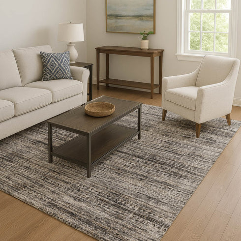8' X 10' Taupe Brown And Ivory Striped Washable Area Rug With UV Protection