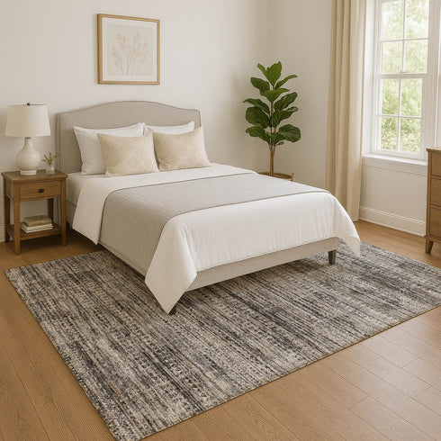 9' X 12' Taupe Brown And Ivory Striped Washable Area Rug With UV Protection