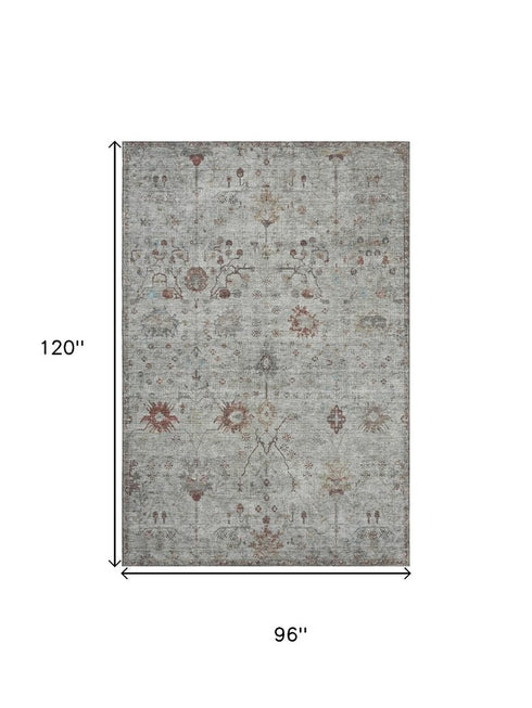 8' X 10' Gray Copper And Silver Oriental Washable Area Rug With UV Protection