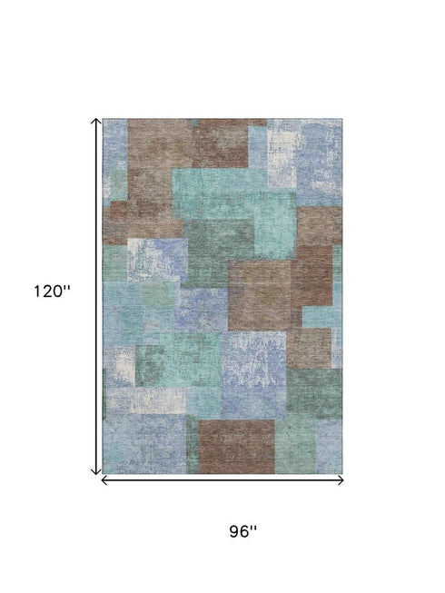 8' X 10' Brown Teal And Ivory Geometric Washable Area Rug With UV Protection