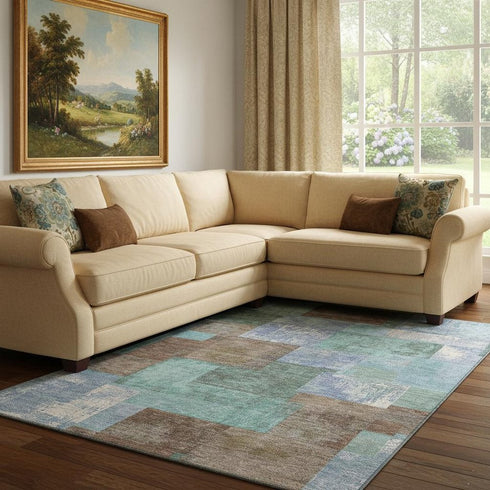8' X 10' Brown Teal And Ivory Geometric Washable Area Rug With UV Protection