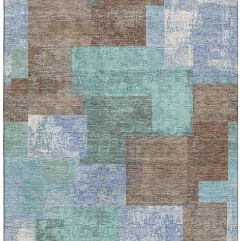8' X 10' Brown Teal And Ivory Geometric Washable Area Rug With UV Protection