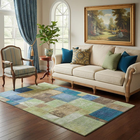 5' X 8' Blue Green And Beige Geometric Washable Area Rug With UV Protection