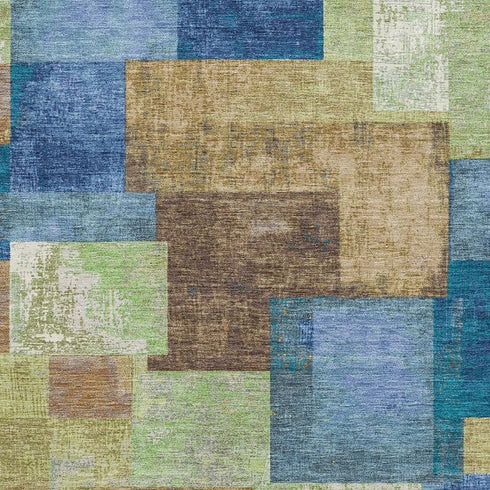 5' X 8' Blue Green And Beige Geometric Washable Area Rug With UV Protection