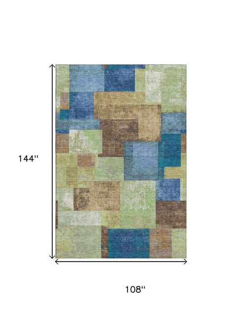 9' X 12' Blue Green And Beige Geometric Washable Area Rug With UV Protection
