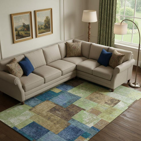 9' X 12' Blue Green And Beige Geometric Washable Area Rug With UV Protection