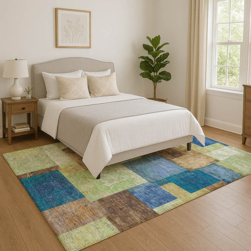 9' X 12' Blue Green And Beige Geometric Washable Area Rug With UV Protection