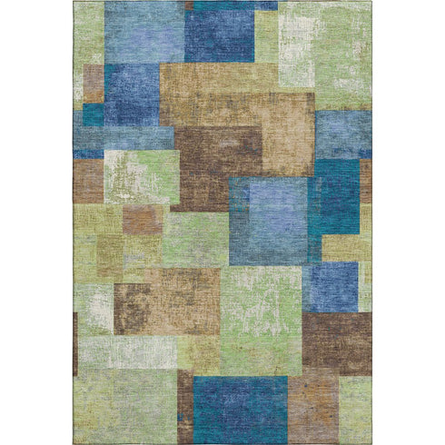 9' X 12' Blue Green And Beige Geometric Washable Area Rug With UV Protection