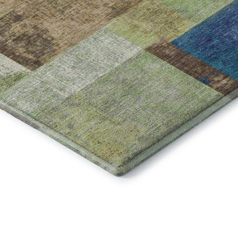 9' X 12' Blue Green And Beige Geometric Washable Area Rug With UV Protection