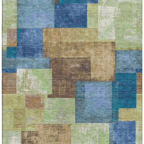 9' X 12' Blue Green And Beige Geometric Washable Area Rug With UV Protection