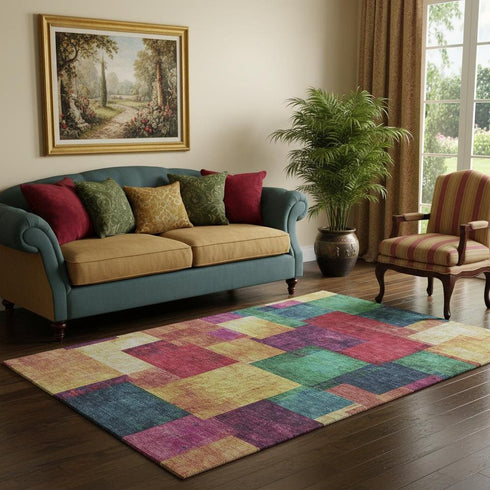 5' X 8' Gold Purple And Red Geometric Washable Area Rug With UV Protection