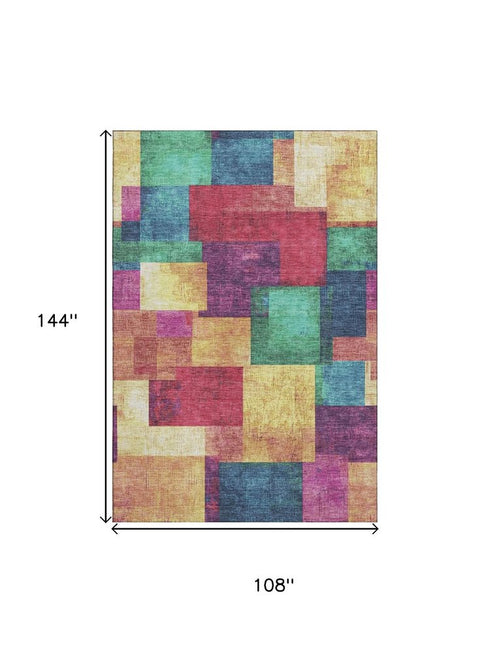 9' X 12' Gold Purple And Red Geometric Washable Area Rug With UV Protection