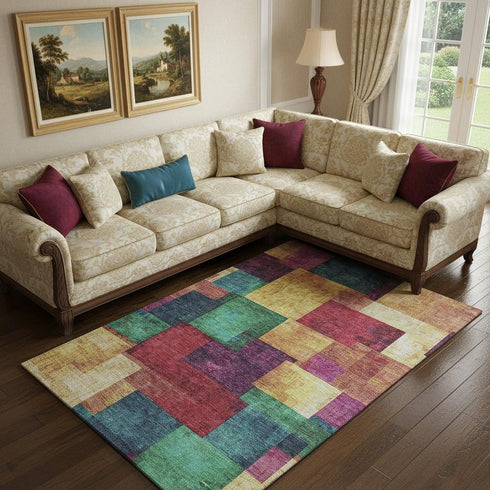9' X 12' Gold Purple And Red Geometric Washable Area Rug With UV Protection