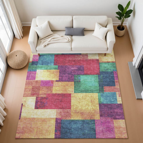 9' X 12' Gold Purple And Red Geometric Washable Area Rug With UV Protection