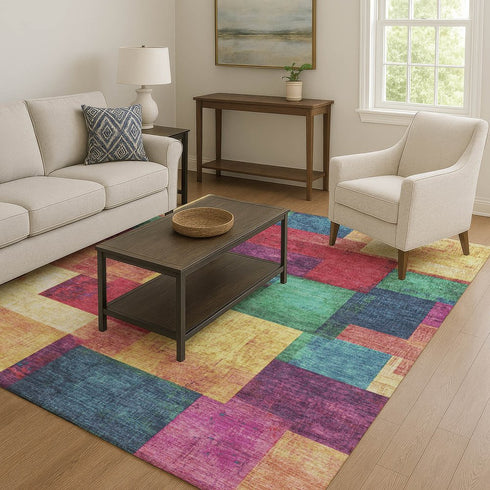 9' X 12' Gold Purple And Red Geometric Washable Area Rug With UV Protection