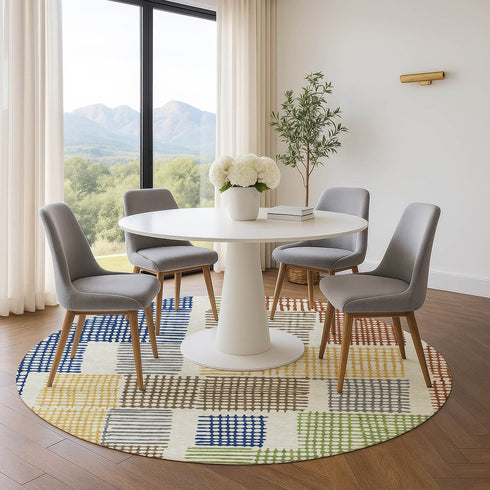 8' Beige Blue And Green Geometric Washable Round Rug With UV Protection