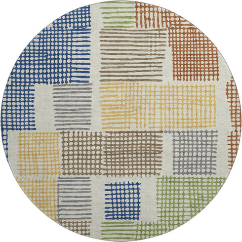 8' Beige Blue And Green Geometric Washable Round Rug With UV Protection